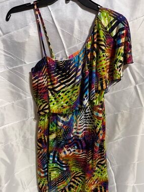 Wish One-Shoulder Multicolor Abstract Print Dress
